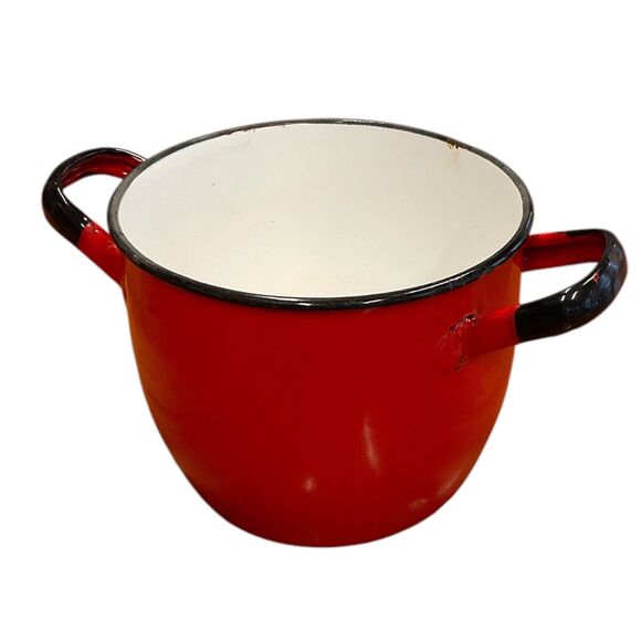 Vintage Huta Silesia Red Enameled Stockpot Black Rimmed Double Handled Cook Pot - Picture 3 of 8